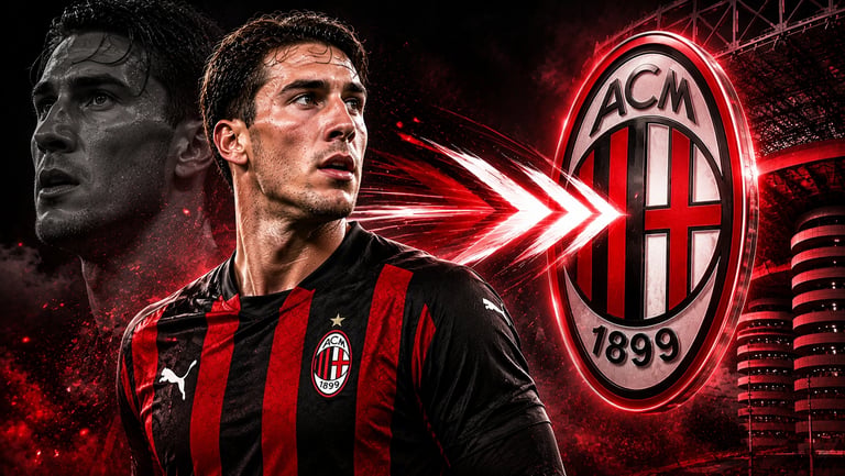Dusan Vlahovic wearing an AC Milan jersey next to the club crest in a red and black graphic.
