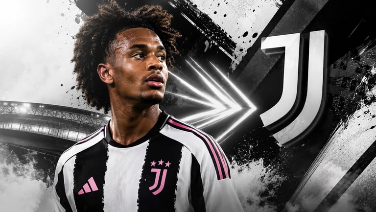 Juventus midfielder Weston McKennie in the black and white home jersey against a graphic stadium background.