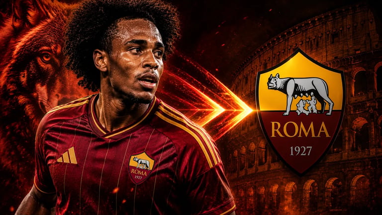 AS Roma football player in team kit with the club logo and Roman Colosseum background.