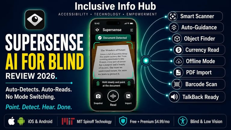 Supersense AI for Blind Review 2026 featured image showing auto-detecting scanner interface with radar-style feature badges