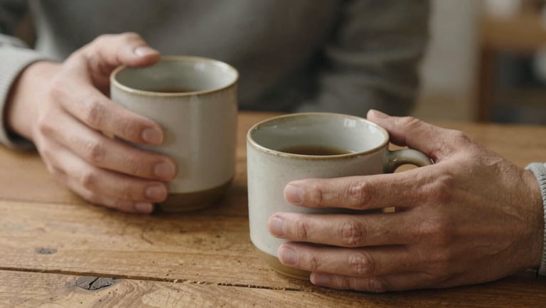 Close-up of hands holding warm ceramic mugs over a rustic wooden table, soft diffused natural light, natural textures of wool and wood, expressing quiet human connection.