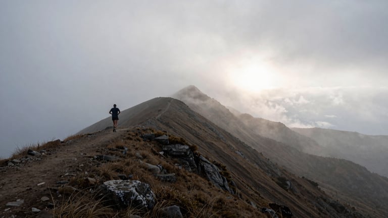 Wide panoramic shot of a single runner on a foggy mountain ridge at dawn, moody overcast light, vast landscape, quiet discipline.