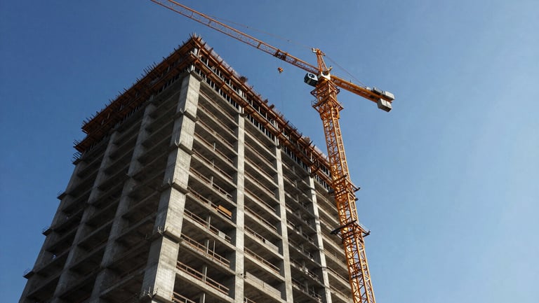 Low-angle heroic shot of a high-rise tower construction site with cranes, concrete structure, and architectural daylight.