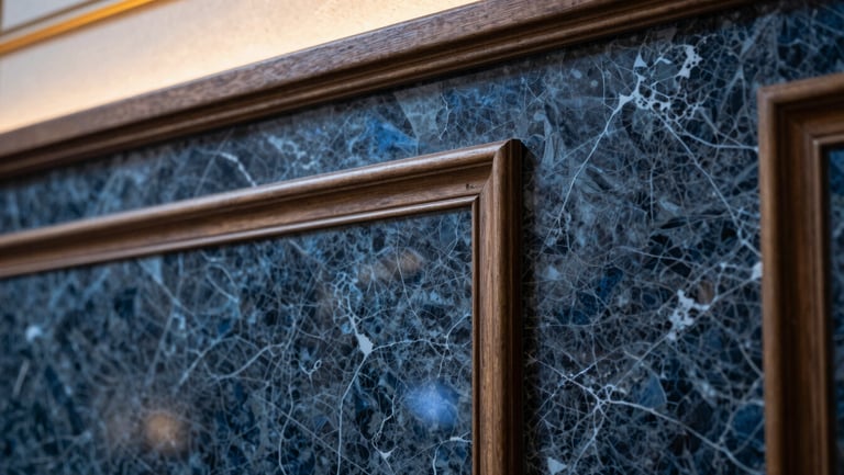 Macro close-up of book-matched luxury marble paneling with warm architectural lighting and custom wood joinery details.