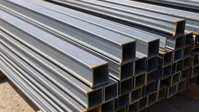 Heavy-duty structural steel angles, channels, and TMT bars stacked on a yard, low-angle heroic shot, bright natural daylight, sharp focus, 35mm lens