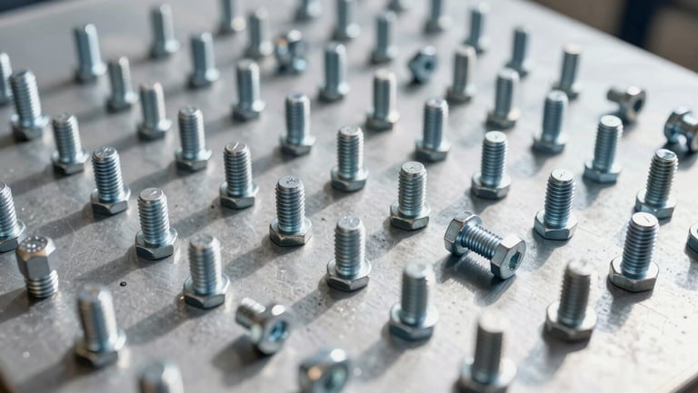 Contractor-grade fasteners, bolts, and welding materials arranged on a clean metal surface, bright natural daylight, sharp focus, 35mm lens