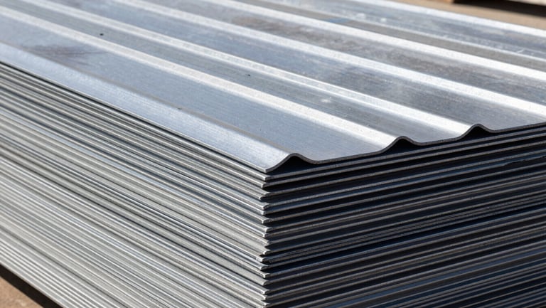 Stacked color-coated roofing sheets, high-contrast metallic textures, bright natural daylight, sharp focus, 35mm lens