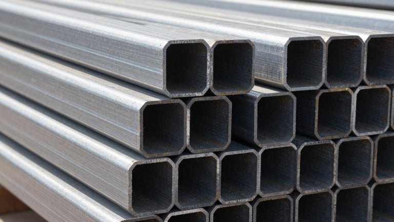 Close-up of MS and GI steel pipe profiles stacked in a warehouse, bright natural daylight, high contrast metallic textures, sharp focus, 35mm lens