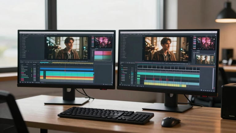 A high-end color grading suite with dual monitors displaying cinematic footage, dim ambient studio lighting.