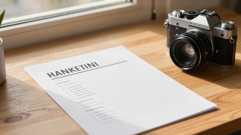 A printed screenplay on a wooden desk next to a vintage camera lens, warm golden hour window light.