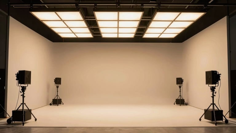 An empty soundstage with overhead lighting grids, soft amber glow, professional production equipment arranged neatly.