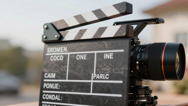 A close-up of a professional film slate resting on a camera lens, bright natural daylight, technical details visible on the board.