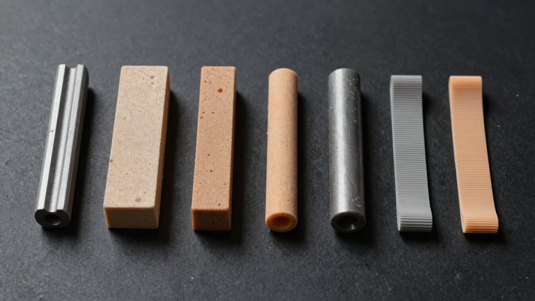Direct overhead flatlay of six 3D-printed test specimens — tensile bar, compression block, thin-wall cylinder, flexible strip — arranged in a precise row on matte black surface under bright even studio light, each showing distinct surface texture and material colour, extreme detail at 2cm depth of field