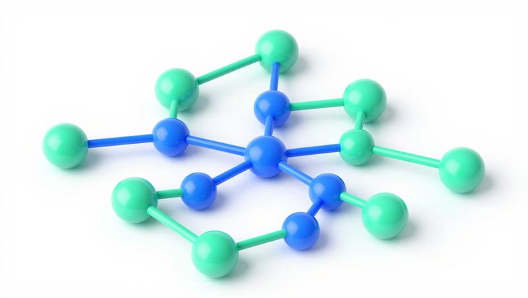 Sharp 3D-rendered data visualization showing glowing mint green and electric blue network nodes connecting on a pure white background, isometric view, sharp focus