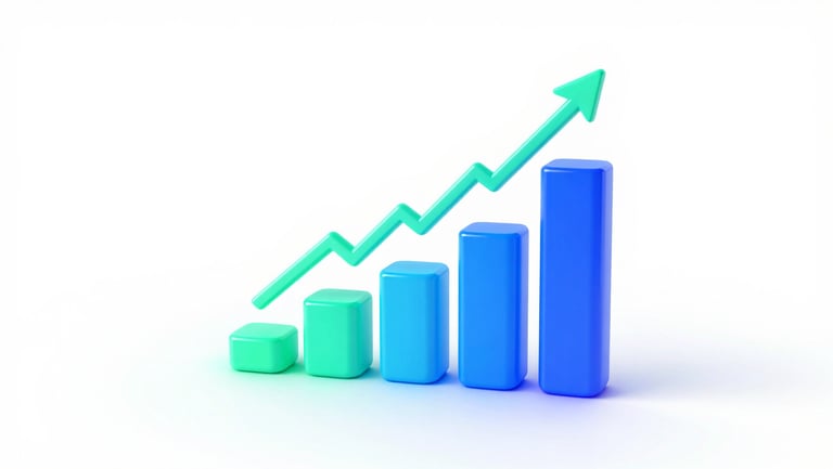 Clean 3D render of modular UI wireframes showing rising growth charts, vibrant self-illuminated mint and electric blue neon glows, high-key studio lighting, white background, sharp focus