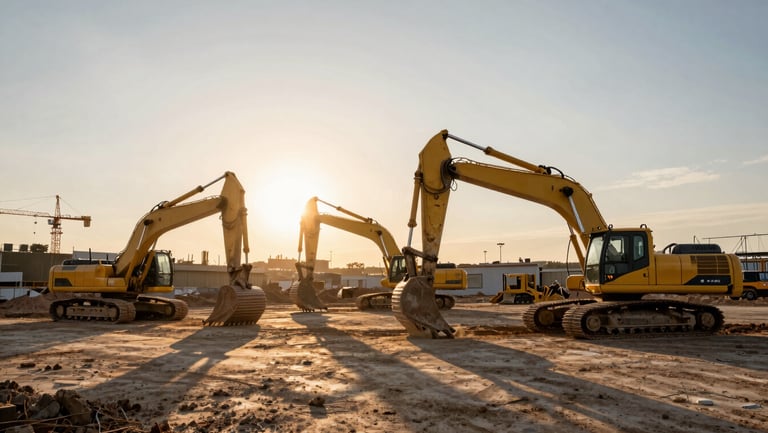 Panoramic view of heavy construction machinery—excavators, cranes, and loaders—operating on a large infrastructure build site at golden hour, dramatic backlighting and long shadows across the site