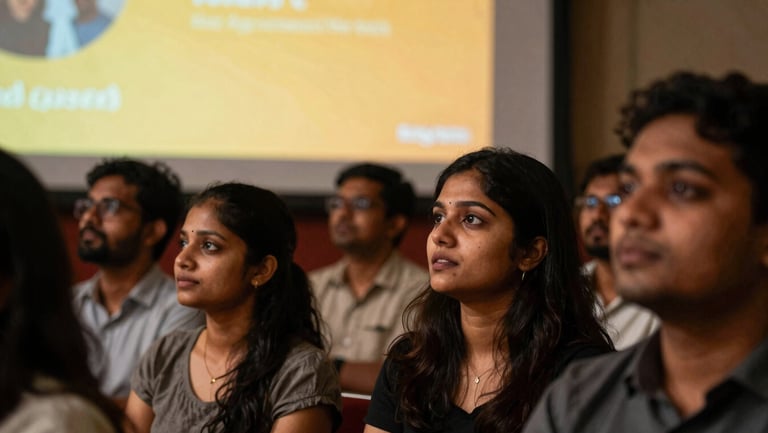 Candid capture of a diverse audience in Kochi, absorbed in the warm glow of a projector screen, intense expressions, shadows framing the composition.