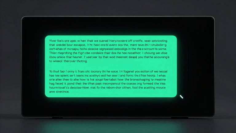 Wide panoramic view of a sleek ALIX AI chat interface on a pure black screen, emerald-teal glow outlining a streaming text response mid-sentence, a blinking cursor at the end, cool studio rim light catching the screen edges, minimal dark UI visible