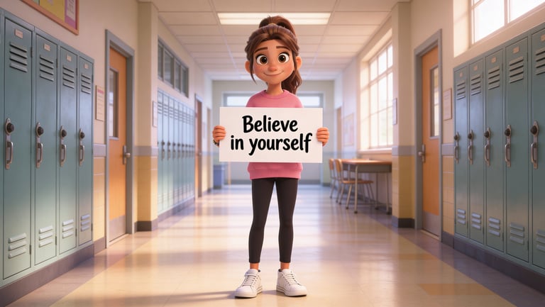 Animated middle schooler holding a sign that says Believe in yourself, standing in a school hallway.