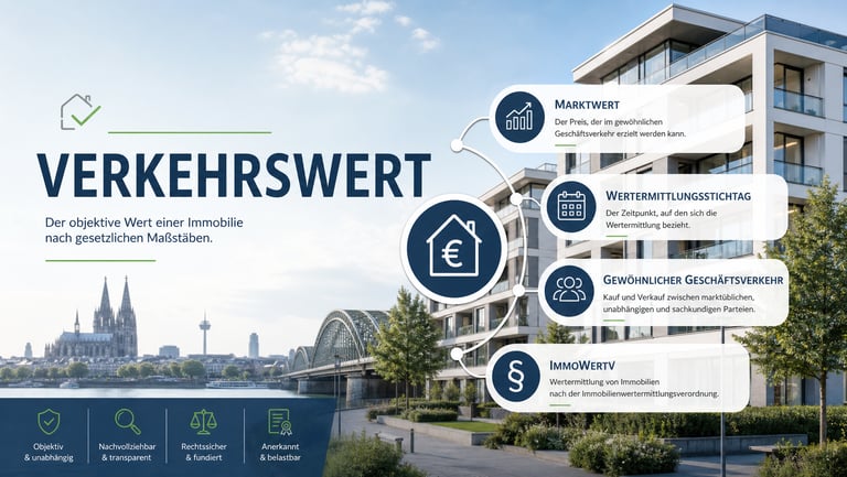 Grafik zum Verkehrswert mit Begriffen wie Marktwert, Wertermittlungsstichtag & ImmowertV.