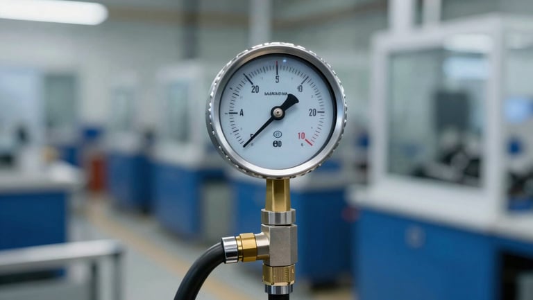 A manifold pressure gauge showing stable pressure readings in an automotive assembly plant, sharp focus, industrial studio lighting.