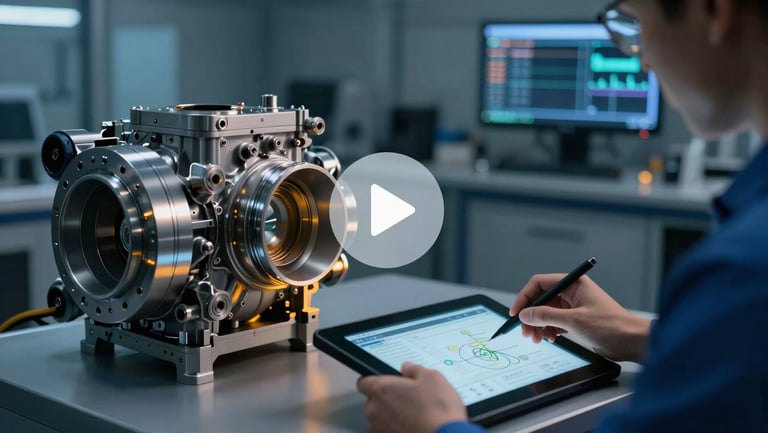 Vista previa de video de invitación oficial, mostrando un ingeniero analizando datos de vibración en una tableta frente a un turbocompresor, botón de reproducción translúcido en el centro, estilo cinematográfico.