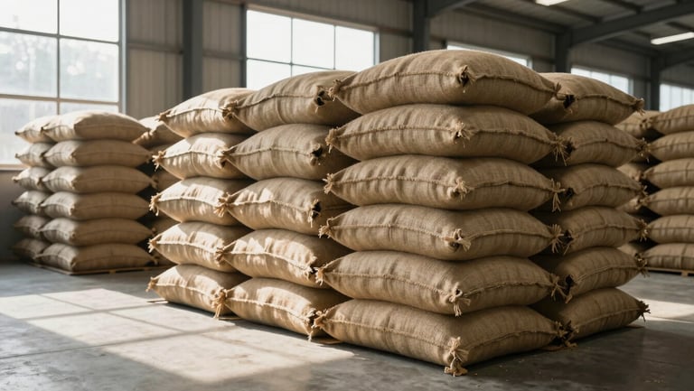Structured warehouse environment with neatly stacked burlap sacks of grain, clean concrete floor, daylight streaming through high windows.