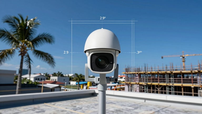 A digital security camera interface showing an active construction site on a port roof, technical overlay with timestamp and grid lines, high-contrast tropical daylight, blue tones.