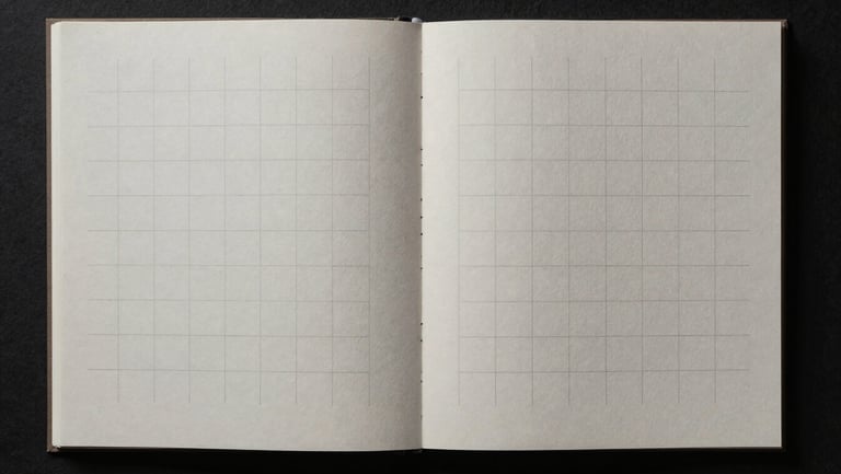 Symmetric flat-lay of a minimal brand style guide printed on thick textured paper, open to a page displaying proportional grid lines