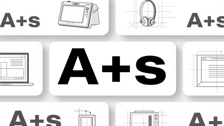 A clean graphic design layout displaying optimized A-plus content panels for an e-commerce marketplace, featuring technical diagrams and bold typography