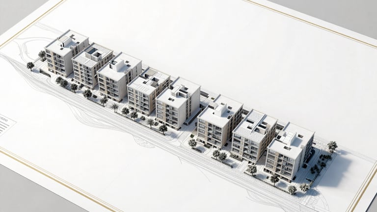 Stylized architectural blueprint of a coastal residential development, clean lines, minimalist layout with subtle golden accents on the drawing borders.