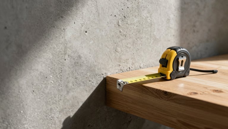 Close-up of a textured concrete wall meeting a warm oak beam, sharp direct sunlight casting architectural shadows, a steel measuring tape resting on the edge.