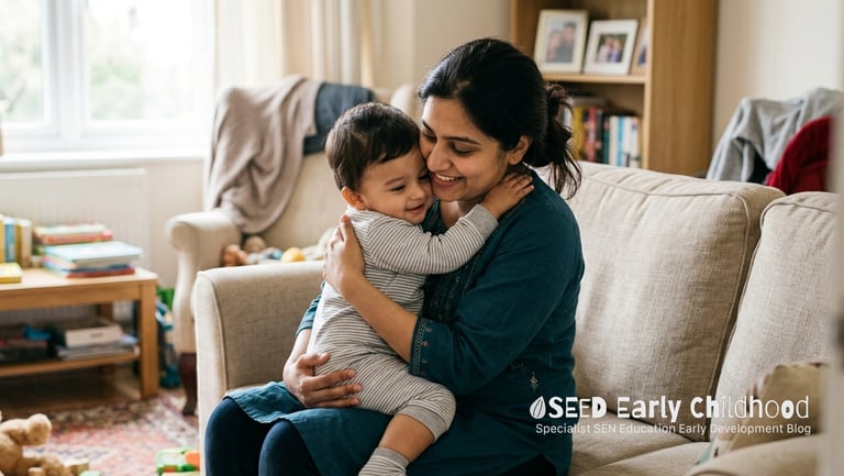 British asian mother and child embrace as they sit on the sofa