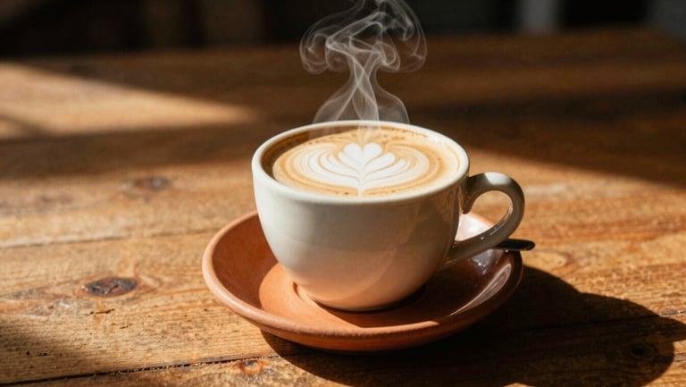 A steaming ceramic cup of Cafe con Leche on a terracotta saucer, sunbeams hitting a wooden table, warm editorial photography.