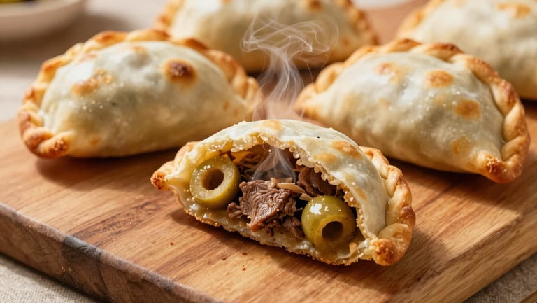 Golden-brown baked empanadas cut open to show steaming beef and olive filling on a rustic wooden board, macro shot.