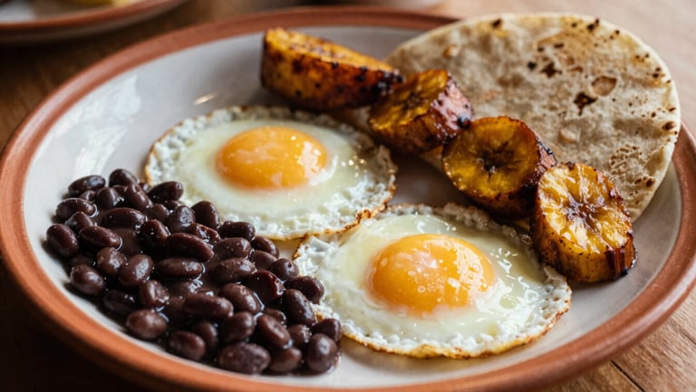 Traditional Latin breakfast plate with perfectly fried eggs, black beans, sweet plantains, and warm tortillas, morning daylight.