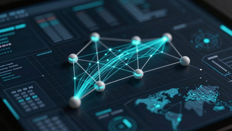 Macro shot of a dark-mode cybersecurity interface showing active network nodes, glowing cyan data streams, and real-time threat maps on a structured technical grid, low-key lighting.