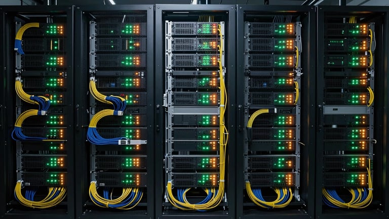 Overhead flat-lay of a dense server rack installation, cables organized in tight color-coded bundles, indicator LEDs glowing green and amber in a controlled technical environment, studio overhead lighting, no people, wide crop showing infrastructure scale