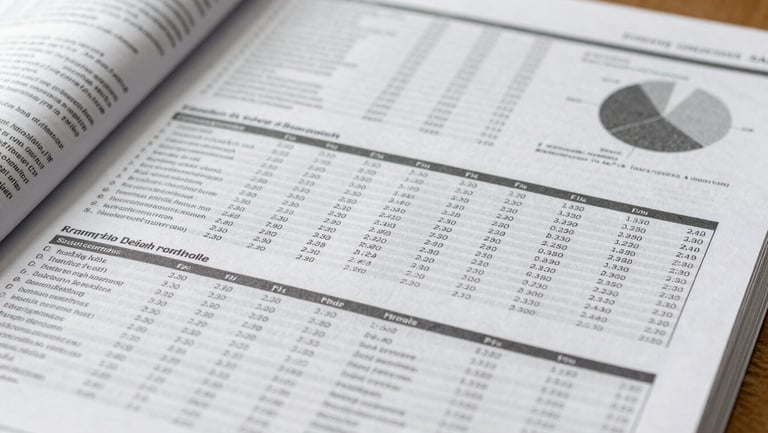 Macro photograph of printed academic journal pages, showing clear data tables, charts, and clean typography, high-contrast daylight, editorial style.