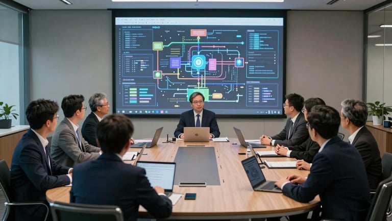 Wide structured environmental shot of a modern corporate war-room, technical consultants meeting clients around a glowing system architecture map.