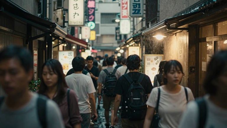 Anamorphic 2.39:1 crop of a crowded neon-lit Tokyo alleyway at night, soft rain falling, cinematic lens flare