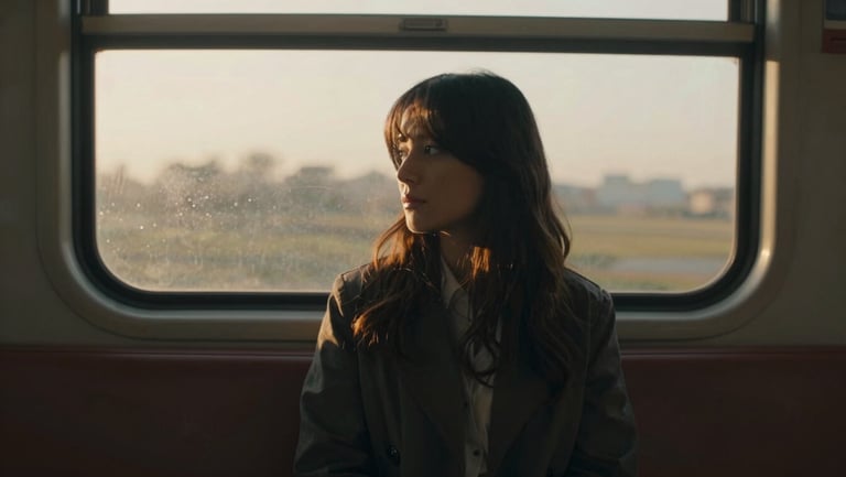 Cinematic 16:9 crop of a woman sitting by a train window at golden hour, soft dust motes in the air, warm organic tones