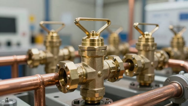 Macro close-up of high-tolerance brass valves and clean runs of copper piping in an organized commercial mechanical room, bright neutral warehouse daylight.