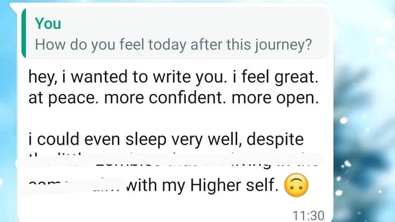 Client message describing feeling great, at peace, more confident and more open after an RTT Session