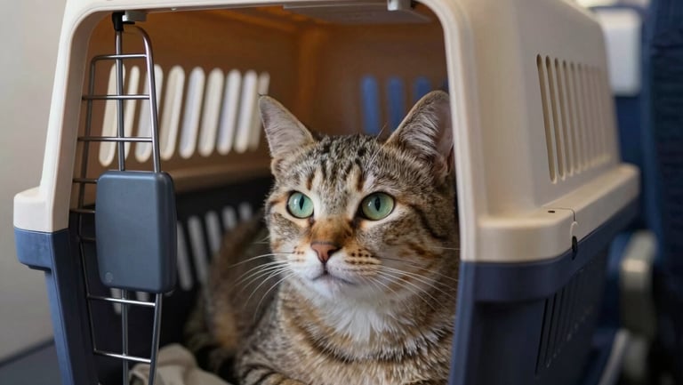 A calm cat resting in a high-quality, ventilated pet travel crate inside an airplane cabin, soft natural lighting, close-up eye-level.
