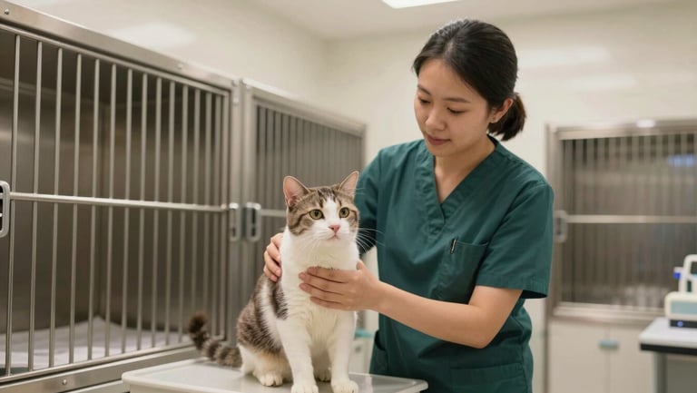 A clean, modern veterinary clinic quarantine room with a professional handler gently checking a healthy domestic cat, warm lighting.
