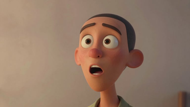 Medium shot of a hand-drawn animated character mid-expression — wide eyes catching a moment of surprise, bold geometric line work, saturated color palette, clean even lighting, no gradients, the character occupies the center frame against a single-tone background that pops the silhouette