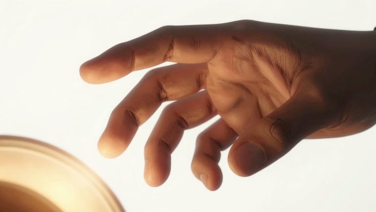 Close-up keyframe of an animated character's hand reaching toward a glowing object — detailed ink linework visible on fingers, warm amber light source from the object, clean white background. Emphasizes animation craft and hand-drawn linework detail.