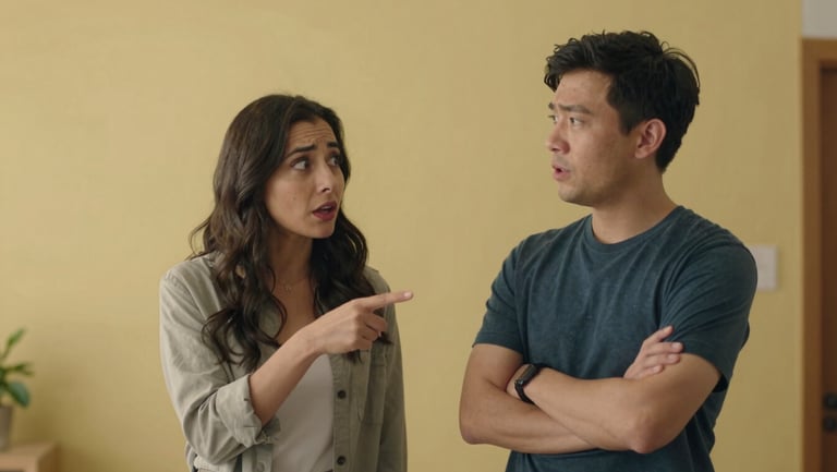 Medium shot of two animated characters mid-argument — one pointing, one crossing arms, both with exaggerated but clearly readable facial expressions. Bright indoor scene, flat even lighting, warm yellow walls behind them.
