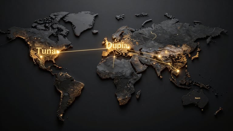 A luxurious 3D dark mode world map with glowing golden lines connecting Tunis to Doha, Dubai, Paris, and New York, high-contrast, premium aesthetic